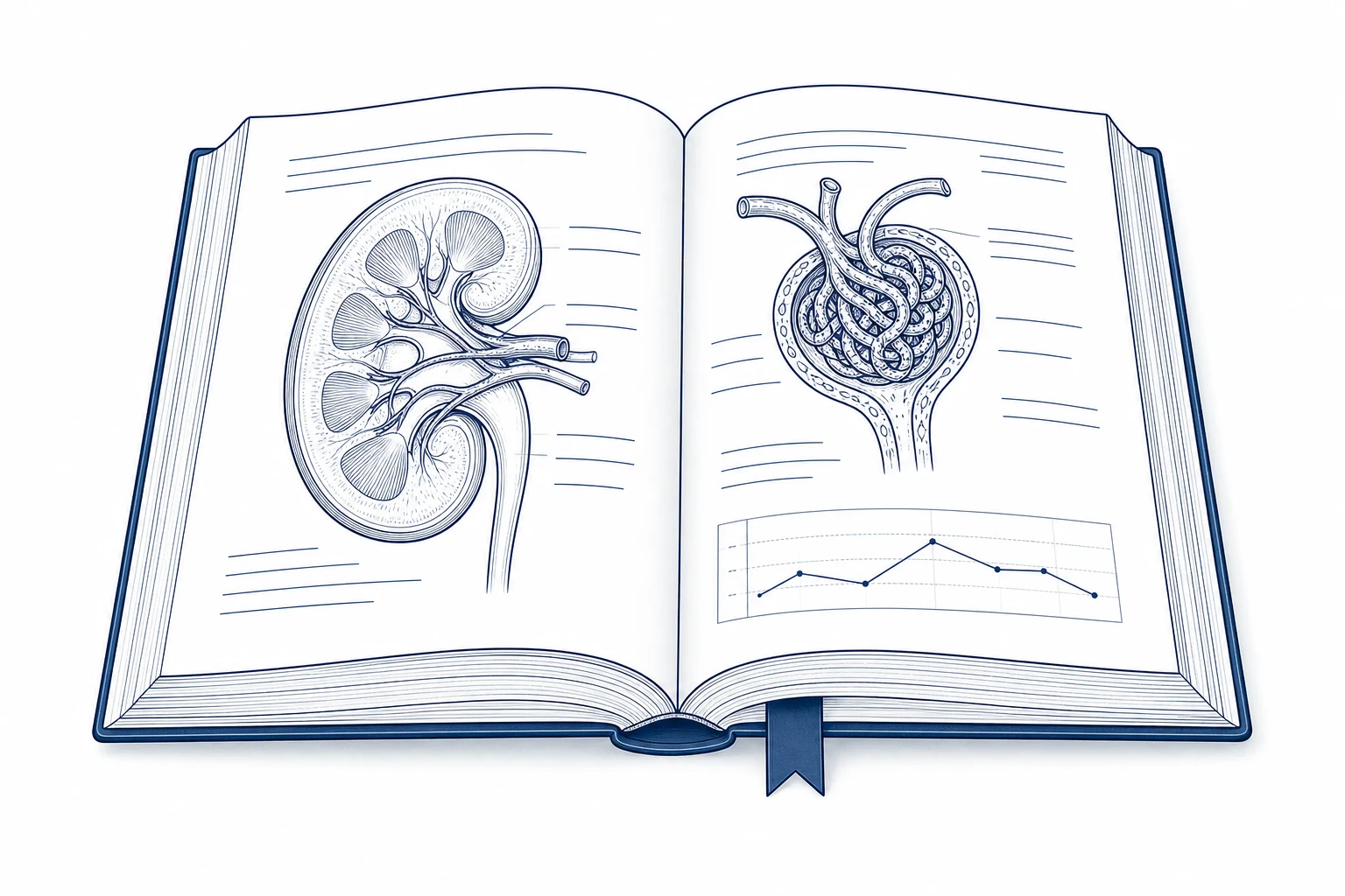 Open medical atlas illustrating a kidney and a glomerulus